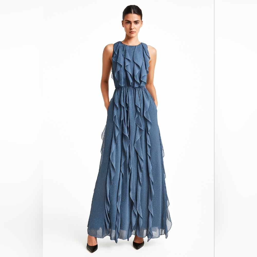 Sachin Babi Maxi Dress Sky Blue Midnight Polka Dot Ruffles Silk Chiffon Size 0